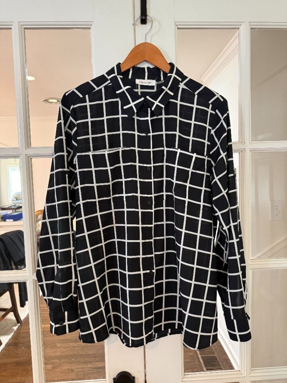Calvin Klein Black and white windowpane blouse